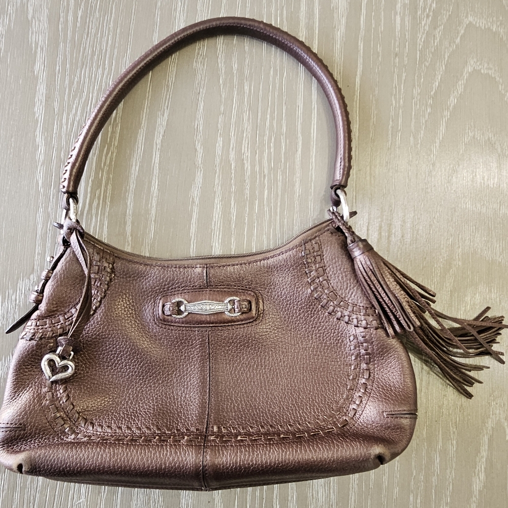 Brighton Bronze Pebbled Leather Tassel Braided Shoulder Bag Hobo Purse Handbag